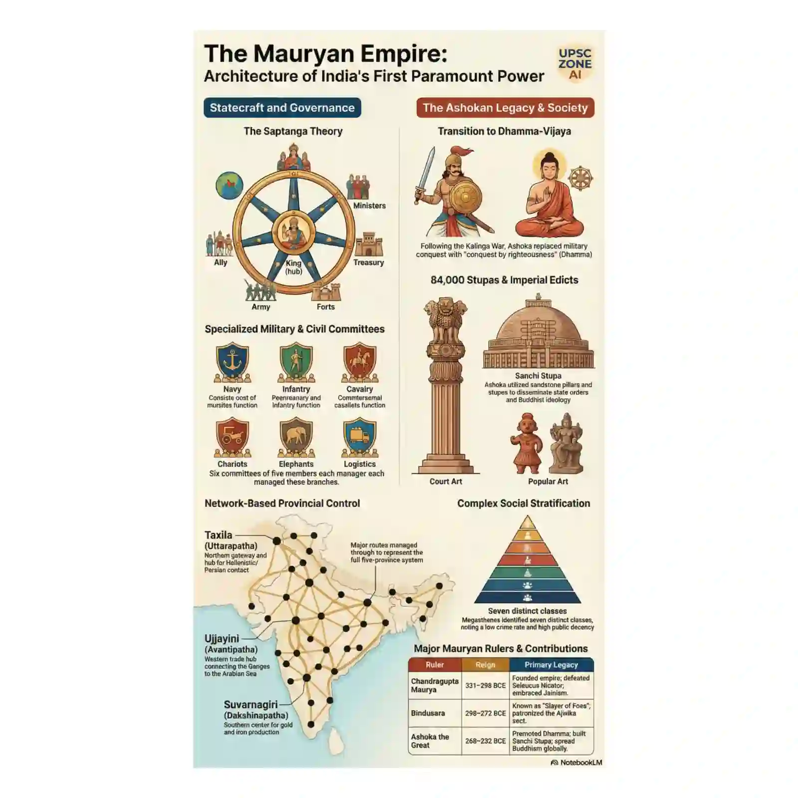 Download "The Maurya Empire PDF Important for UPSC Pre and Mains 2026"—an infographic-rich guide covering the Saptanga theory, Ashokan legacy, military, social structure, culture, maps & illustrations. Essential for UPSC Prelims & Mains prep.