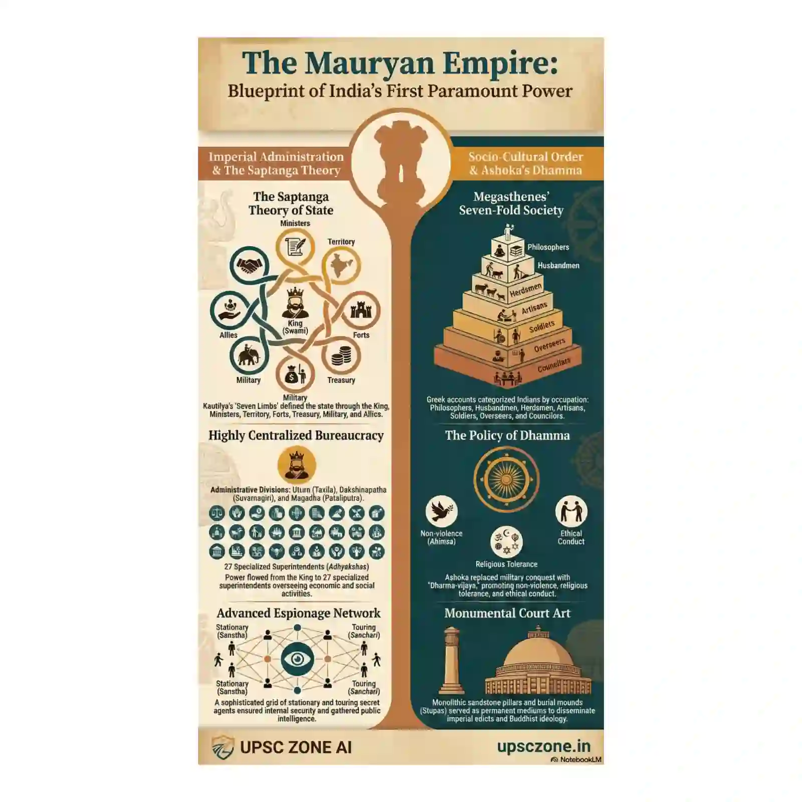 Infographic titled The Maurya Empire: Blueprint of India's First Paramount Power, covering administration, society, and more—perfect for The Maurya Empire PDF Important for UPSC Pre and Mains 2026 free download.