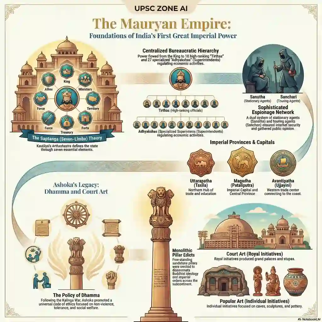 The Maurya Empire PDF Important for UPSC Pre and Mains 2026 covers centralized bureaucracy, royal institutions, capitals, Ashoka’s Dhamma policy, monolithic pillars, and Mauryan art using clear icons and diagrams.
